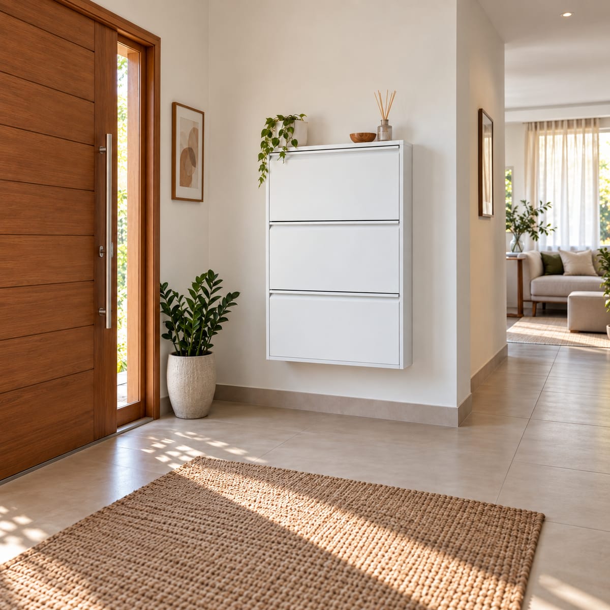 Organizador Vertical Alva branco em hall residencial com luz natural